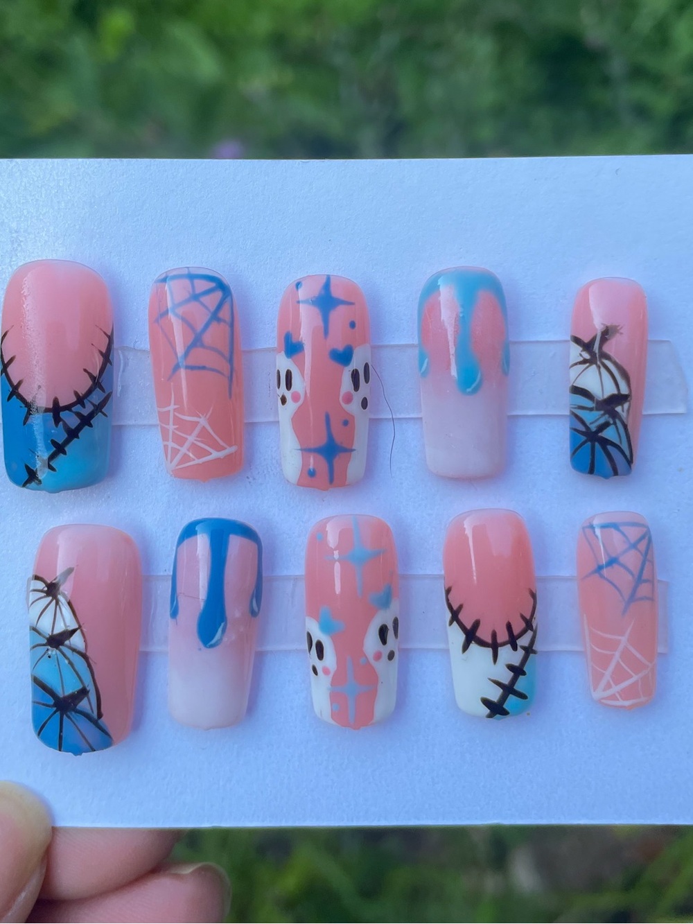 Handmade Halloween Press On Nails Pink Blue Ghost Spider Web Stitch Medium Nail